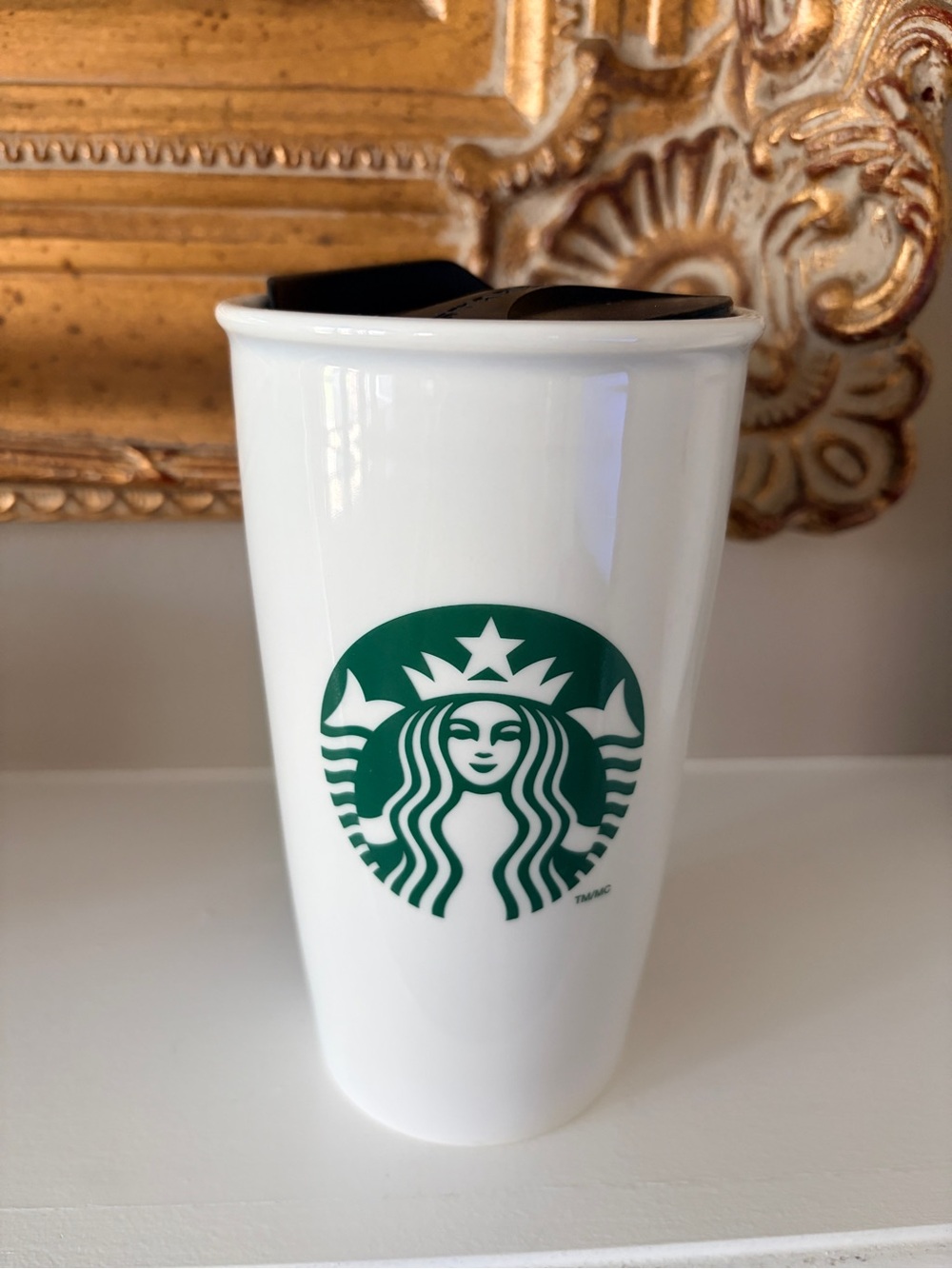Starbucks White Ceramic Tumbler with Green Siren Logo and Black Lid